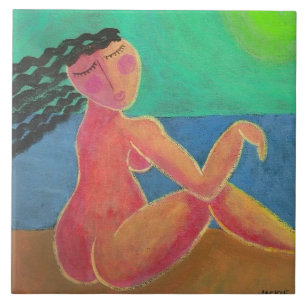 At the Beach Abstract Portrait of a Woman Ceramic Tile