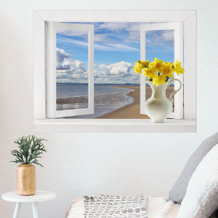 At the Beach -- Open Window View with Daffodils Poster