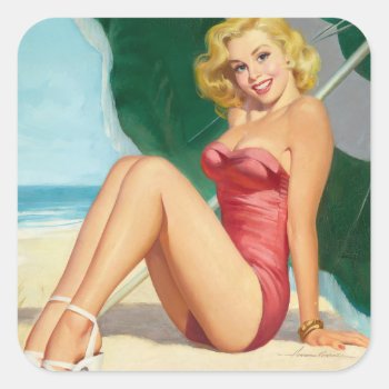 At The Beach Pin Up Art Square Sticker by Pin_Up_Art at Zazzle