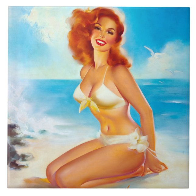 At the Beach Pin Up Ceramic Tile (Front)