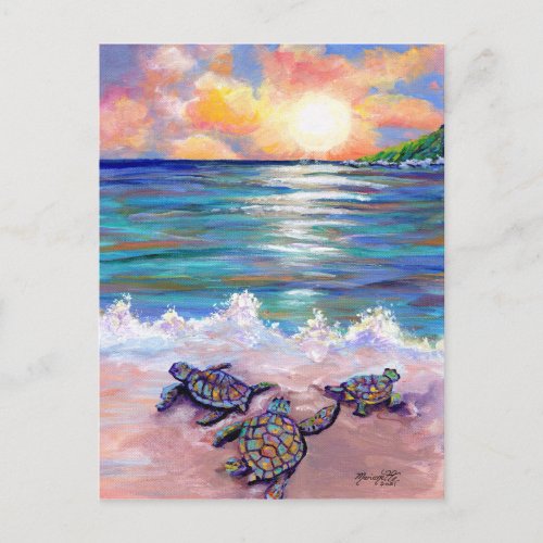 At the Beach with Baby Sea Turtles Postcard