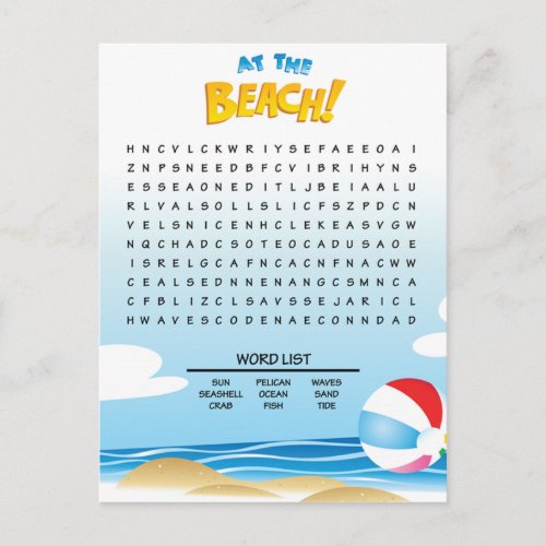 At the Beach Word Search Activity Card
