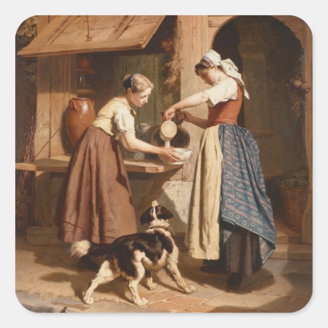 At the Dairy, 1866 (oil on panel) Square Sticker (Front)