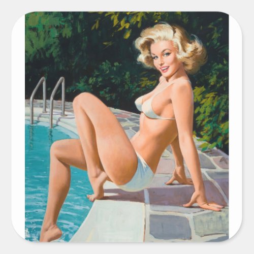 At the Pool Pin Up Art Square Sticker