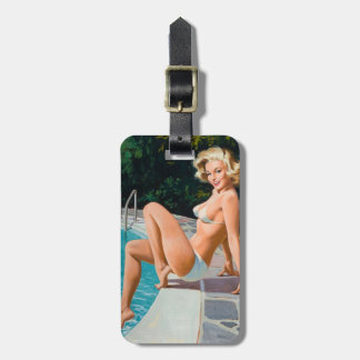 At the pool sexy blonde retro pinup girl luggage tag