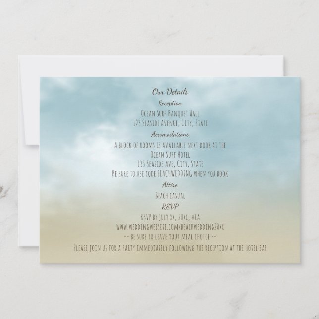 At the shore ocean surf beach wedding details note card (Front)