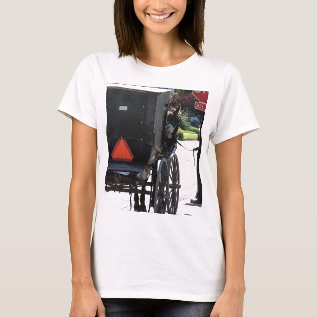 At the Stop Sign, An amish horse T-Shirt (Front)