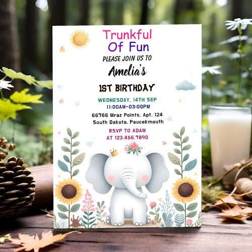 At Wood White Elephant Birthday First 1st Birthday Invitation