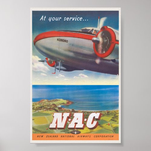 At your Service NAC New Zealand Vintage Poster
