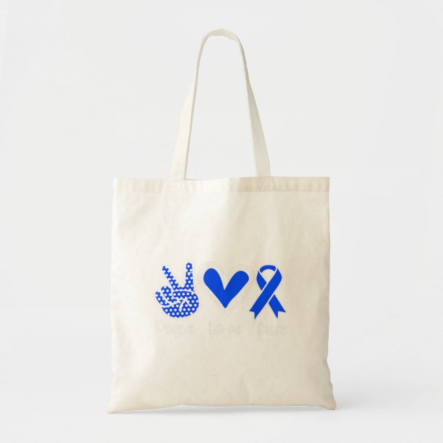 Ataxia Awareness Month Blue Ribbon Peace Love Cure Tote Bag (Front)