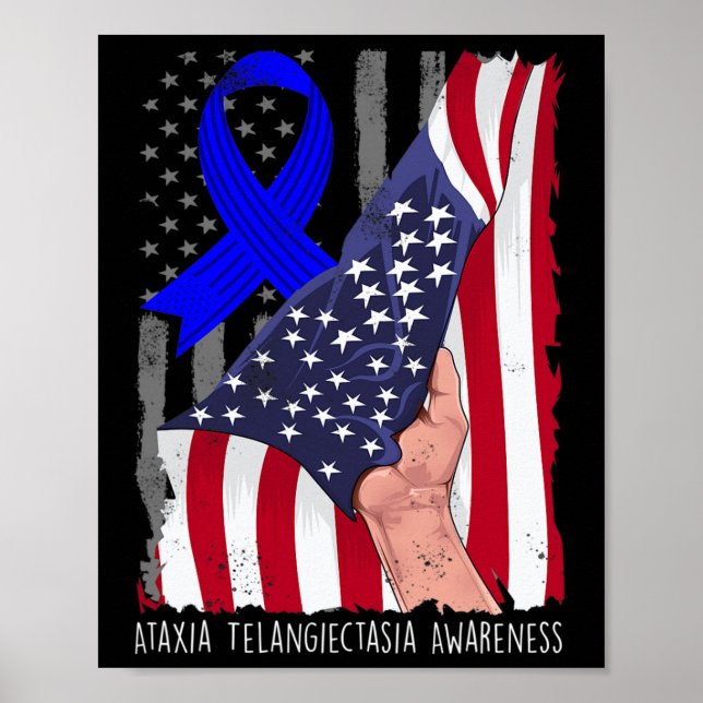 Ataxia Telangiectasia Awareness American Flag Blue Poster (Front)