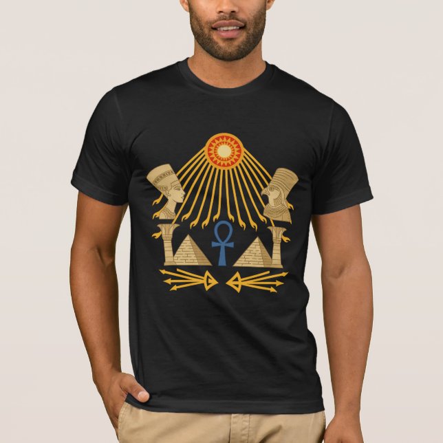 Aten Sun Disc – Ankh, Horus & Nefertiti T-Shirt (Front)