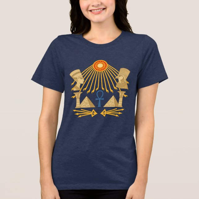 Aten Sun Disc – Ankh, Horus & Nefertiti Tri-Blend Shirt (Front)