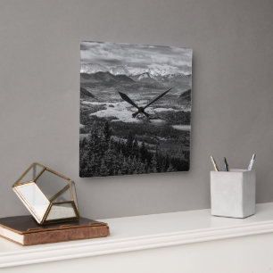 Athabasca Lookout, Monochrome Scenery Photography Square Wall Clock