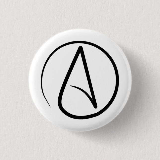 Atheism symbol: black on white pinback button (Front)