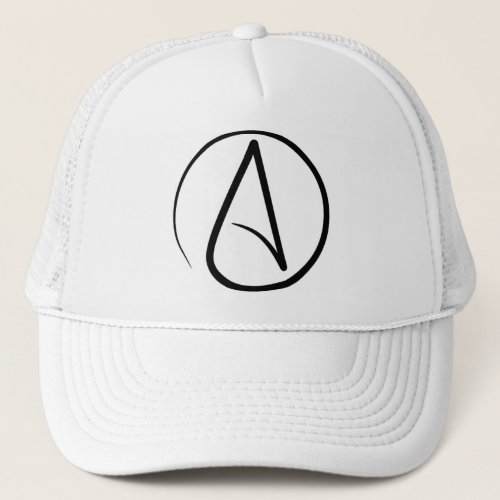 Atheism symbol black on white trucker hat