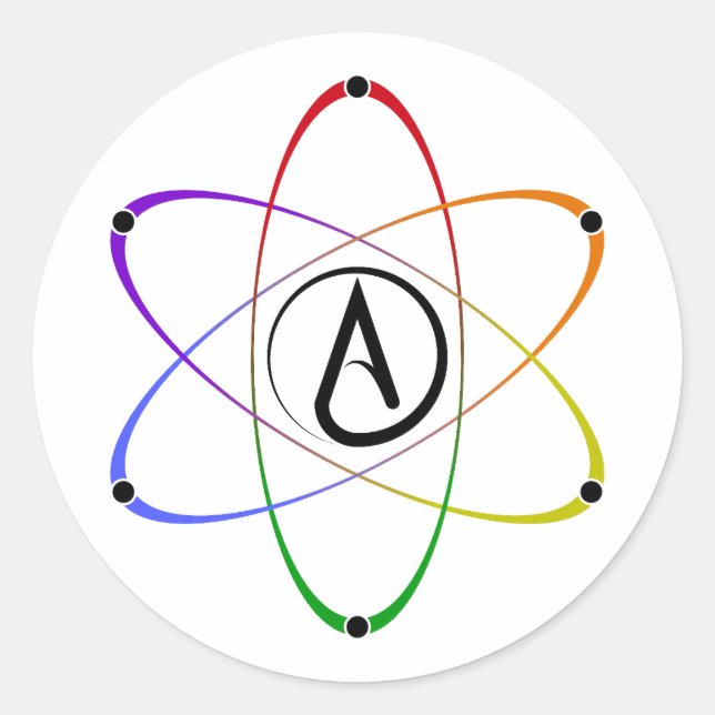 Atheist Atom Symbol Rainbow Black Classic Round Sticker (Front)