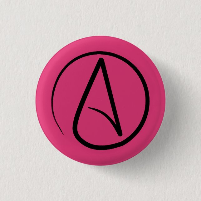 Atheist symbol: black on fuchsia pinback button (Front)