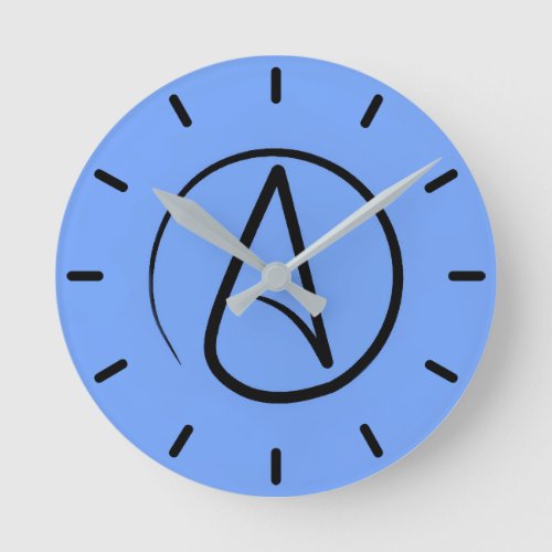 Atheist symbol black on light blue round clock