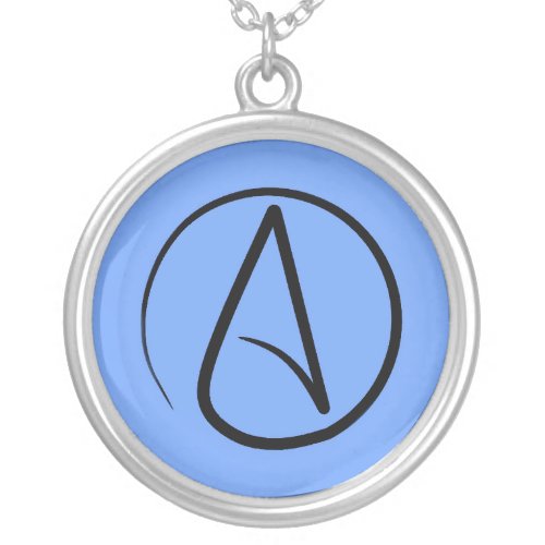 Atheist symbol black on light blue silver plated necklace