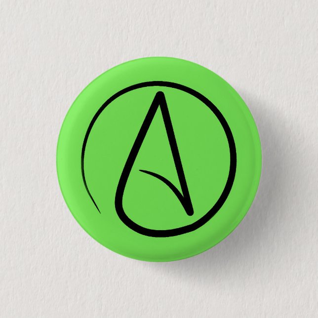 Atheist symbol: black on lime green pinback button (Front)