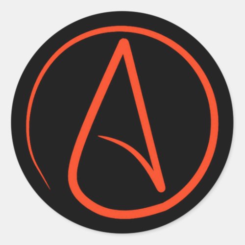 Atheist symbol orange on black classic round sticker