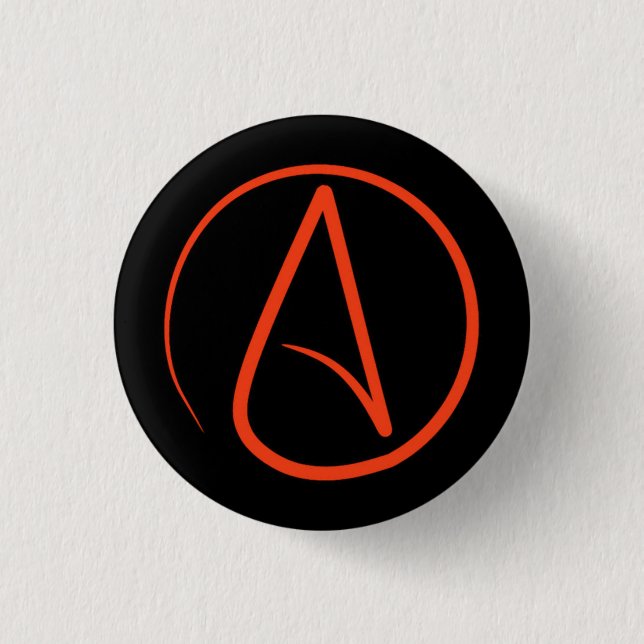 Atheist symbol: orange on black pinback button (Front)