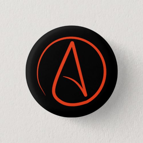 Atheist symbol orange on black pinback button