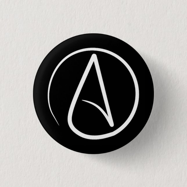 Atheist symbol: white on black pinback button (Front)