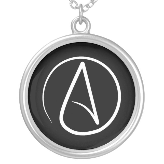 Atheist symbol: white on black silver plated necklace (Front)