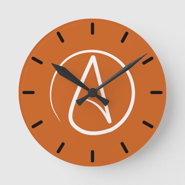 Atheist symbol: white on burnt orange round clock (Front)