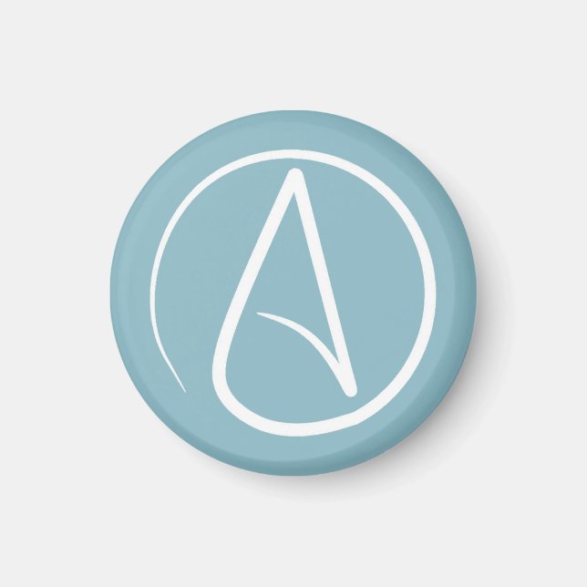 Atheist symbol: white on grey-blue magnet (Front)