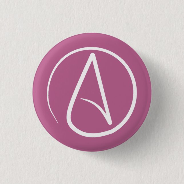 Atheist  symbol: white on mauve pink button (Front)