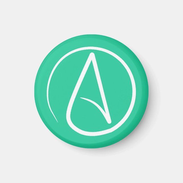 Atheist symbol: white on mint green magnet (Front)