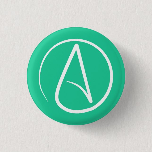 Atheist symbol: white on mint green pinback button (Front)