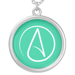 Atheist symbol: white on mint green silver plated necklace
