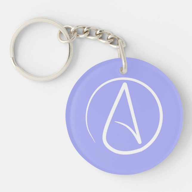 Atheist symbol: white on periwinkle keychain (Front)