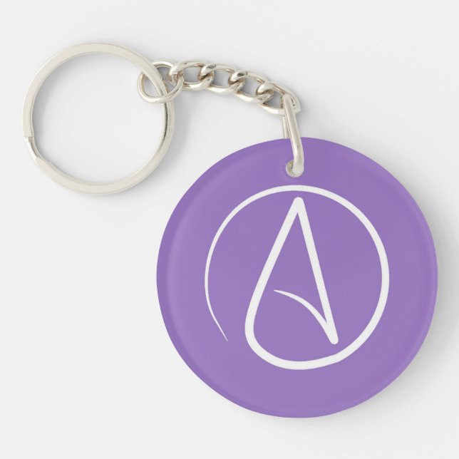 Atheist symbol: white on purple keychain (Front)