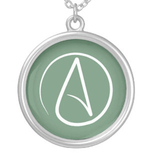 Atheist symbol: white on sage green silver plated necklace