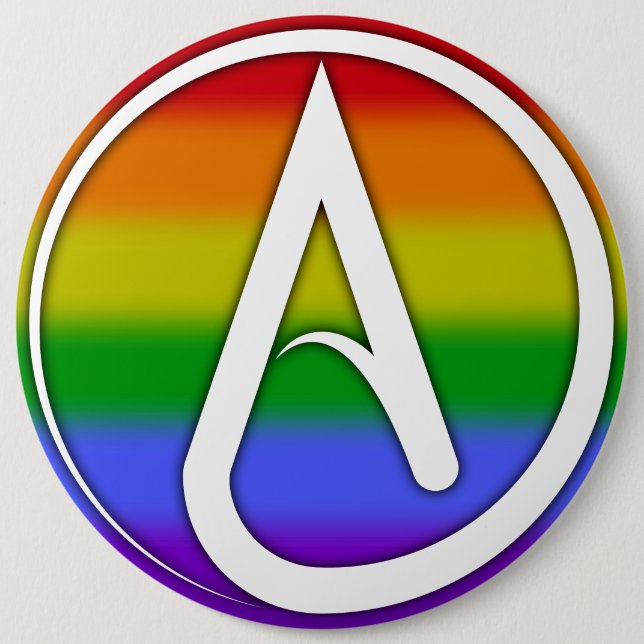 Atheist Symbol White over Rainbow Button (Front)