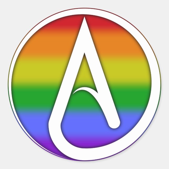 Atheist Symbol White over Rainbow Classic Round Sticker (Front)