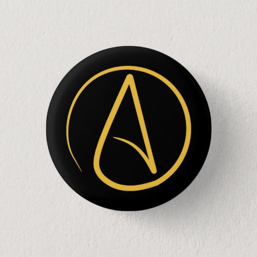 Atheist symbol yellow on black pinback button