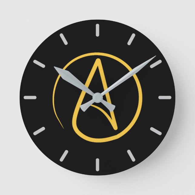 Atheist symbol: yellow on black round clock (Front)