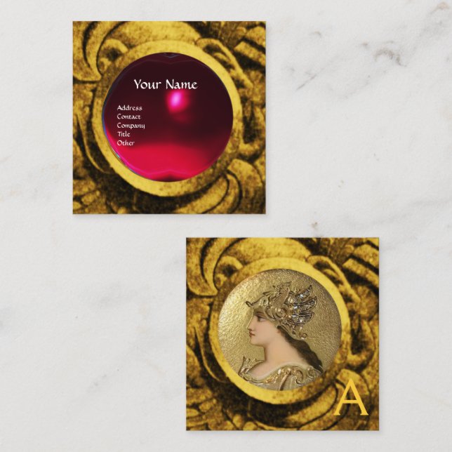 ATHENA AND FIGHTING GRYPHONS MONOGRAM ,Red Ruby Square Business Card (Front/Back)