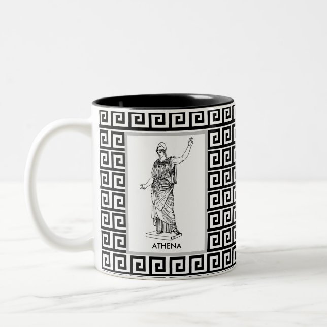  Athena Goddess on Black & White Greek Pattern Two-Tone Coffee Mug (Left)