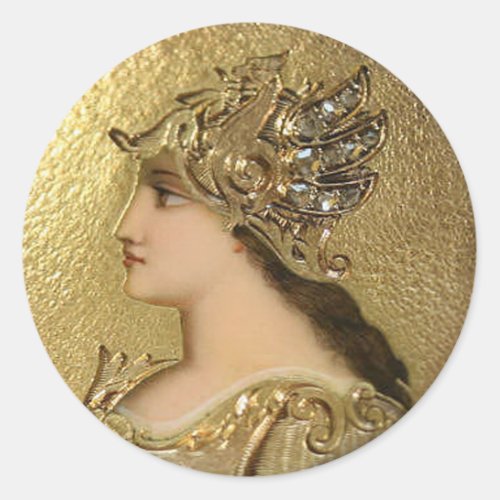 ATHENA PORTRAIT WITH GOLDEN HELMET AND GRYPHONS CLASSIC ROUND STICKER