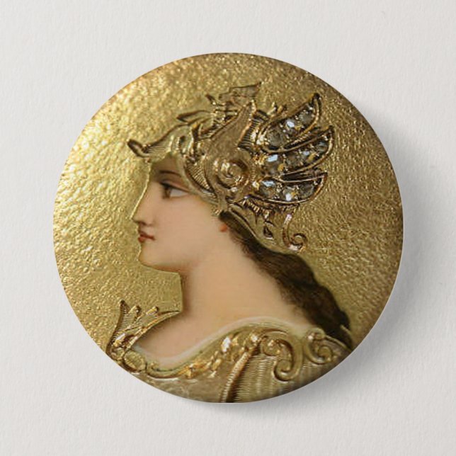 ATHENA PORTRAIT WITH GOLDEN HELMET AND GRYPHONS PINBACK BUTTON (Front)