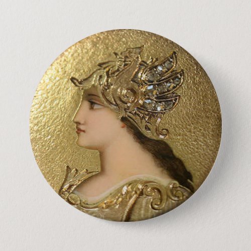 ATHENA PORTRAIT WITH GOLDEN HELMET AND GRYPHONS PINBACK BUTTON
