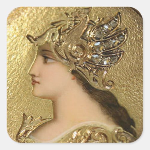 ATHENA PORTRAIT WITH GOLDEN HELMET AND GRYPHONS SQUARE STICKER