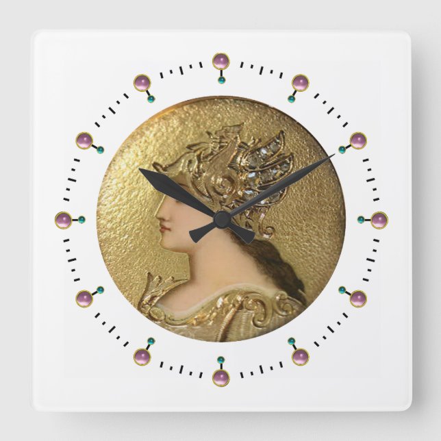 ATHENA PORTRAIT WITH GOLDEN HELMET AND GRYPHONS SQUARE WALL CLOCK (Front)